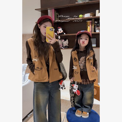 Spring韩国童装2025秋季新款亲子卡通Kitty刺绣马甲女童无袖坎肩