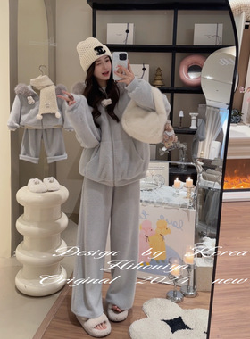 Spring韩国童装2024冬季新款蓝色毛绒休闲羽绒毛领套装韩版亲子款