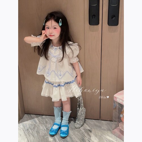 Spring韩国童装2026夏季新款宝宝中古感刺绣上衣纯棉裙裤女童套装