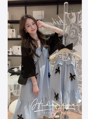 Spring韩国童装2025夏季新款贴布蓝色吊带裙防晒开衫亲子装韩版