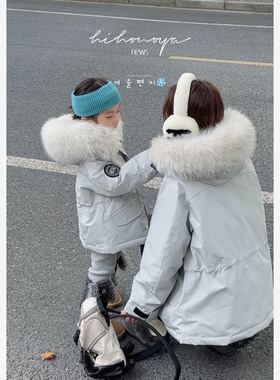 Spring韩国童装2025冬季新款亲子三防狐狸毛派克服女童连帽羽绒服
