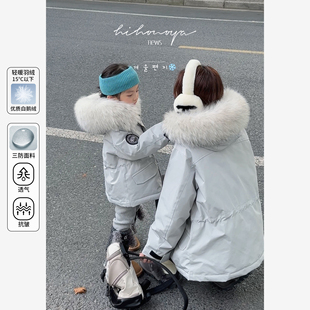 Spring韩国童装2025冬季新款亲子三防狐狸毛派克服女童连帽羽绒服