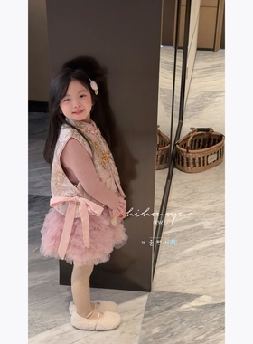 Spring韩国童装2025年冬季新款宝宝新年穿新中式宋锦精致提花马甲