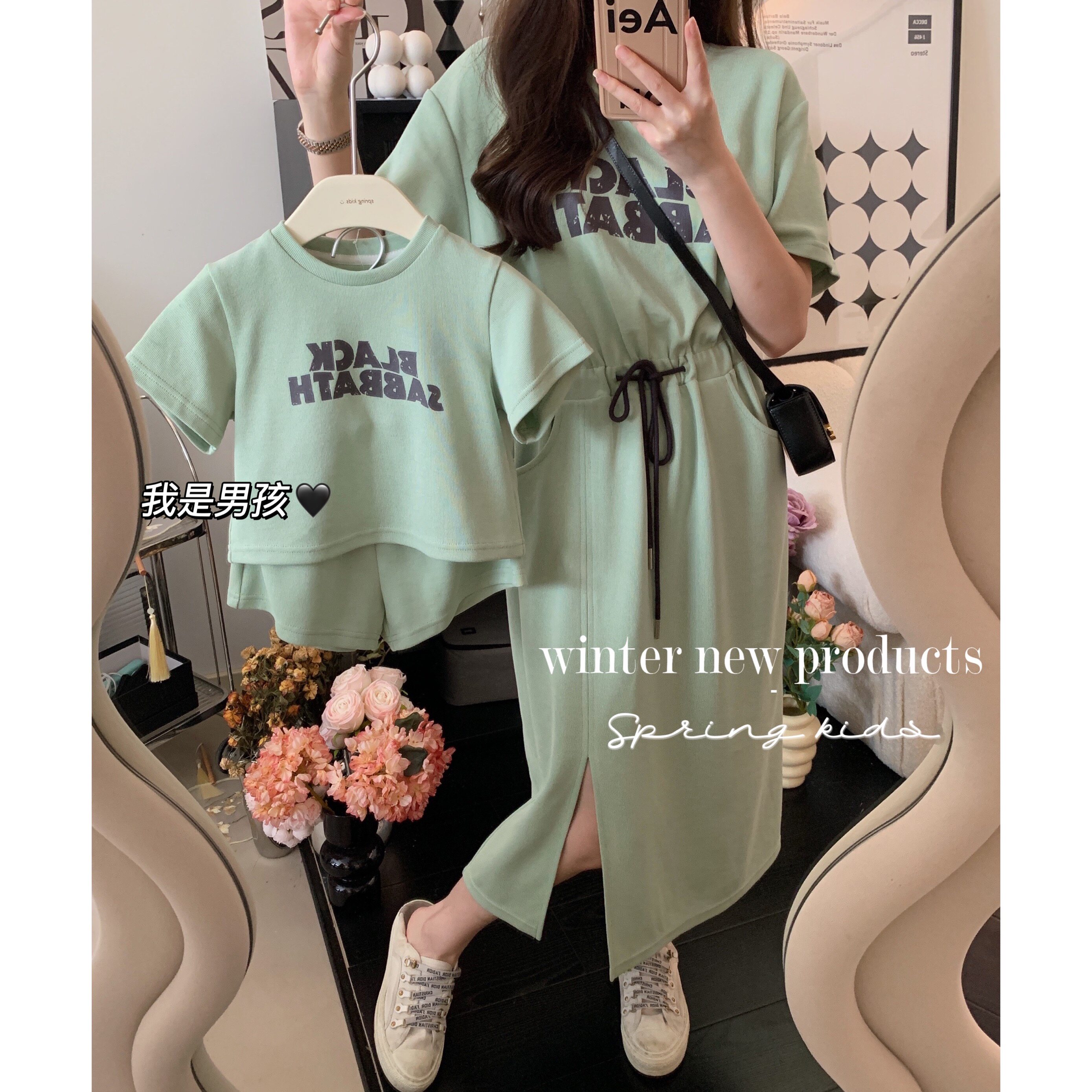 봄 한국 아동복 엄마와 딸 여름 거리 밝은 녹색 졸라 매는 끈 티셔츠 스커트 아동 캐주얼 티셔츠 반바지 정장