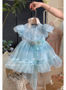 Spring韩国童装2025年春夏季新款宝宝蓝色拖尾韩版纱裙女童连衣裙