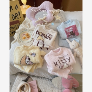 亲子卡通半边绒软糯家居服女童两件套 新款 Spring韩国童装 2025冬季