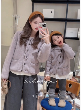 Spring韩国童装2025年秋冬新款亲子紫色绞花系带针织毛衣女童外套