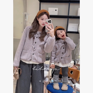 Spring韩国童装2025年秋冬新款亲子紫色绞花系带针织毛衣女童外套