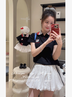 Spring韩国童装2025夏季新款亲子Kitty刺绣POLO衫女童裙裤两件套