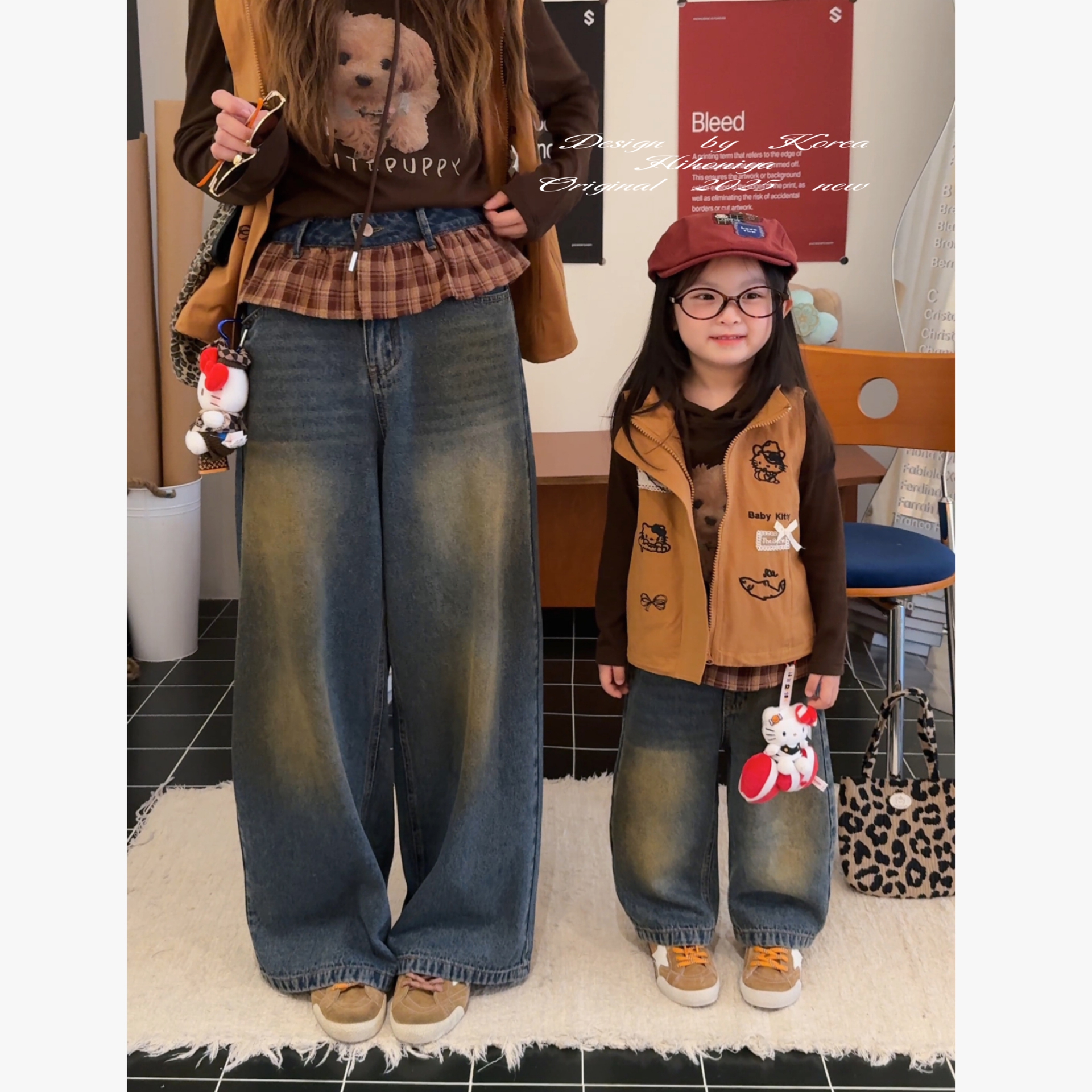 Spring韩国童装2025秋季新款亲子格子边水洗牛仔裤女童直筒休闲裤