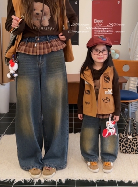 Spring韩国童装2025秋季新款亲子格子边水洗牛仔裤女童直筒休闲裤