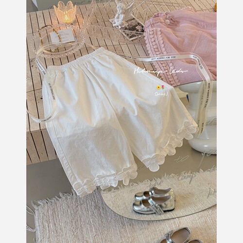 Spring韩国童装2026年夏季新款亲子花朵纯色韩系阔腿裤女童九分裤