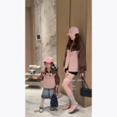 Spring韩国童装 亲子甜美粉咖木耳边翻领外套女童夹克 2026春夏新款