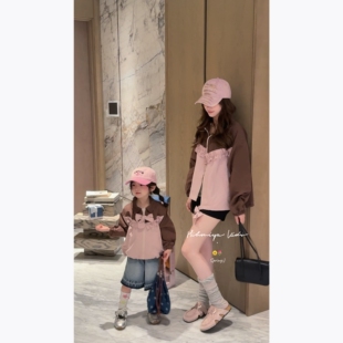 Spring韩国童装2026春夏新款亲子甜美粉咖木耳边翻领外套女童夹克