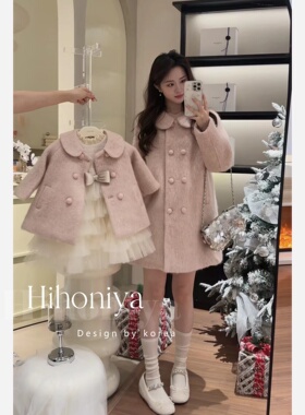 Spring韩国童装 粉色娃娃领羊驼毛亲子大衣女童短款可爱毛呢外套