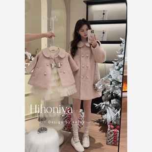 Spring韩国童装 粉色娃娃领羊驼毛亲子大衣女童短款可爱毛呢外套