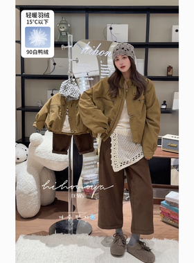 Spring韩国童装2025年秋冬新款亲子复古皮外套女童90白鸭绒羽绒服