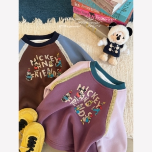Spring韩国童装2025秋冬新款亲子米奇插肩袖加绒卫衣女童保暖T恤