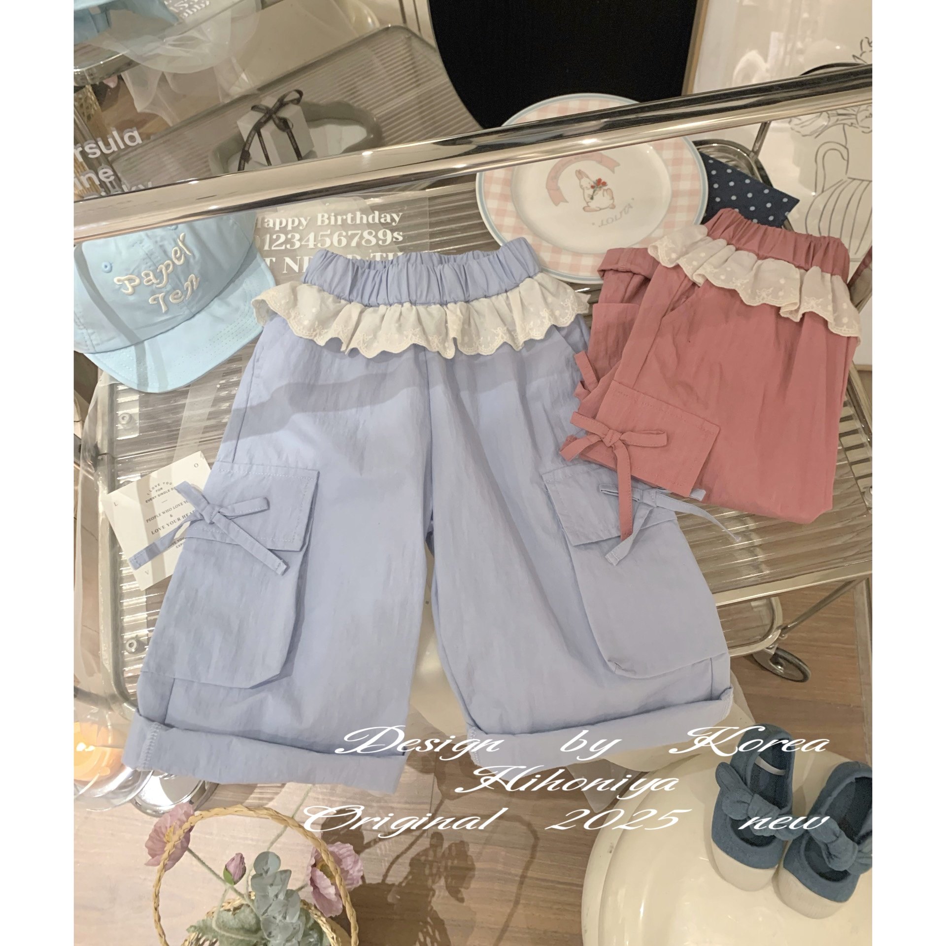 Spring韩国童装2025春季宝宝蕾丝边蝴蝶结韩版阔腿休闲裤女童裤子