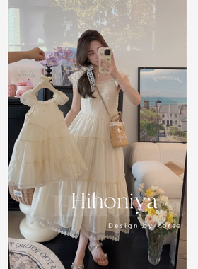 Spring韩国童装2024夏季新款白色度假风蕾丝花边亲子连衣裙韩版