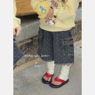 Spring韩国童装2026年春季新款亲子复古工装波点七分裤女童牛仔裤