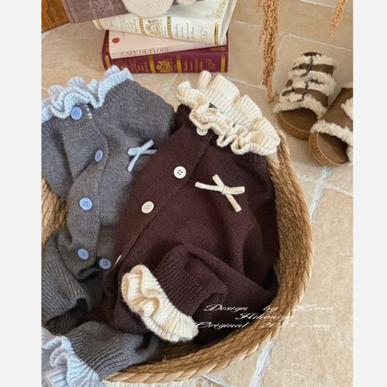 Spring韩国童装2025年秋冬新款亲子蝴蝶花边精致毛衣女童针织外套