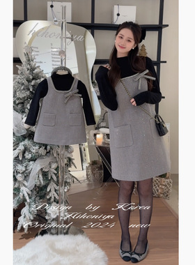 Spring韩国童装2024冬季亲子款蝴蝶结小香风韩版背心裙女童连衣裙