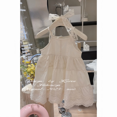 Spring韩国童装2025春季亲子款花边蕾丝韩版甜美吊带裙女童连衣裙
