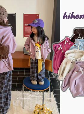 Spring韩国童装2025年秋季新款亲子纯色休闲连帽卫衣女童长袖外套