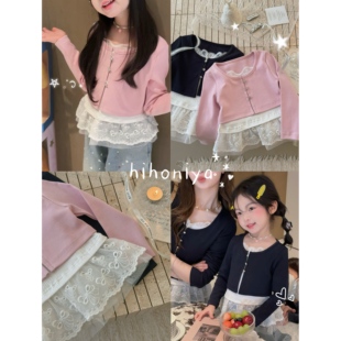 女童上衣 亲子甜美蕾丝拼接假两件长袖 Spring韩国童装 2026春夏新款