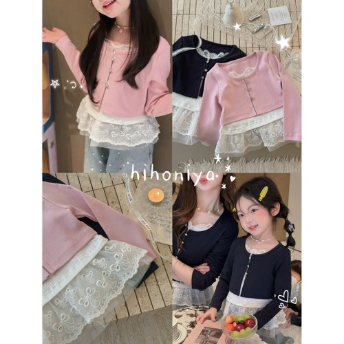 Spring韩国童装2026春夏新款亲子甜美蕾丝拼接假两件长袖女童上衣