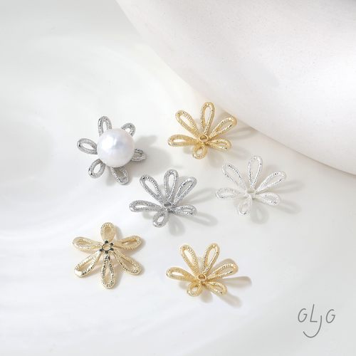 14K电镀真金保色六瓣花镂空镶珍珠花托diy手作耳钉项链材料配件