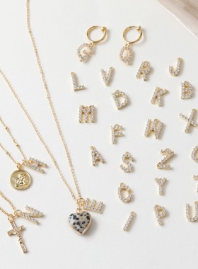 大号 14K铜镀真金铜镶锆石26字母吊坠配件diy耳饰项链手链材料