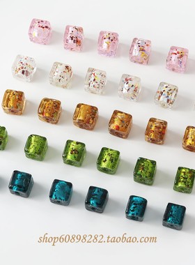 11mm立体方块银箔琉璃直孔复古油画感diy手工串珠耳饰小众配件