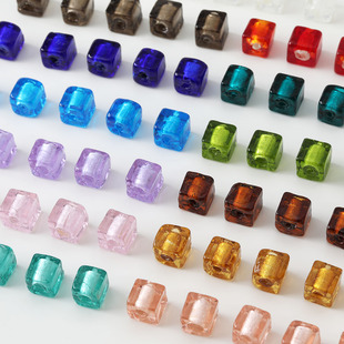 手工琉璃珠立体正方形透明纯色银箔diy手工串珠直孔项链耳饰配件