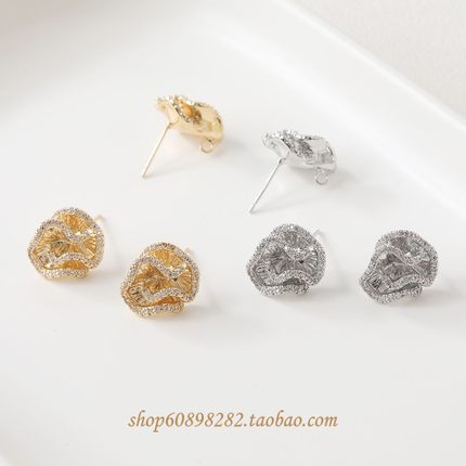 14K电镀真金不规则褶皱花朵镶锆石diy珍珠手作耳钉耳饰材料配件