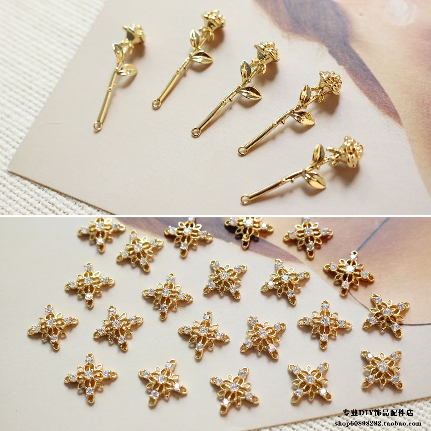 保色铜14k边角双吊玫瑰diy耳饰