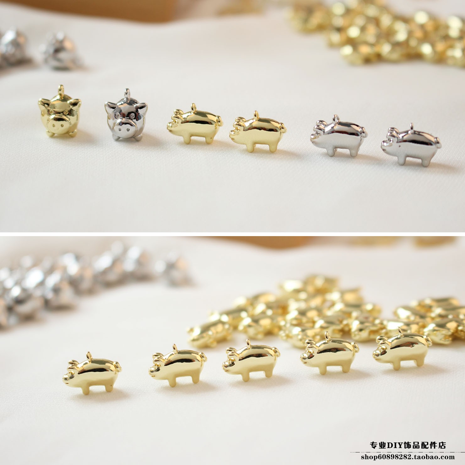 铜镀18K真金色猪吊坠diy耳饰材料配件