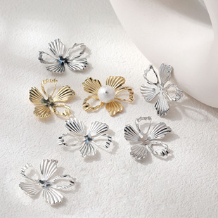 14K电镀真金保色褶皱花朵镶珍珠花托吊坠diy手作耳钉项链材料配件