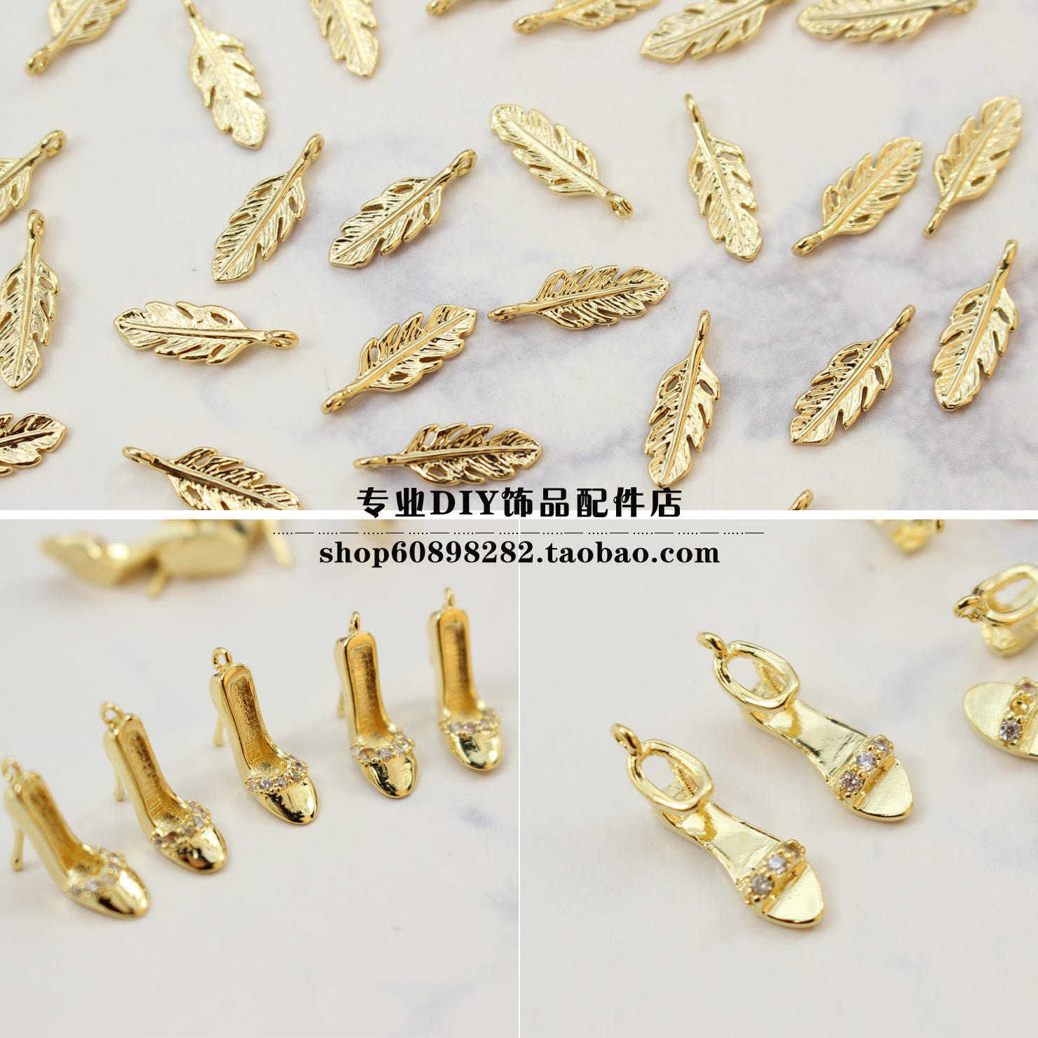 diy金色迷你高跟鞋羽毛耳饰