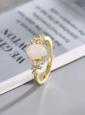 新品新款透明白蛋面开口戒指复古