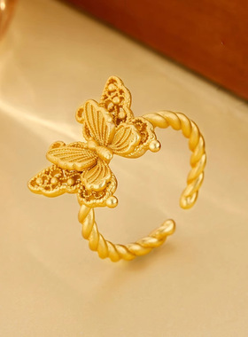 新品金色复古金丝羽蝶蝴蝶戒指小
