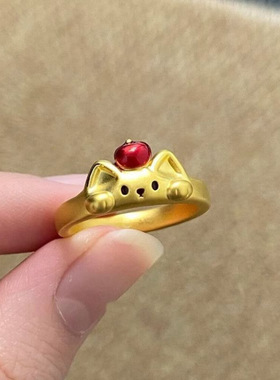 实心复古红苹果猫咪哑光戒指可爱