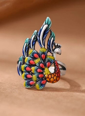 新品景泰蓝珐琅彩孔雀戒指精致时