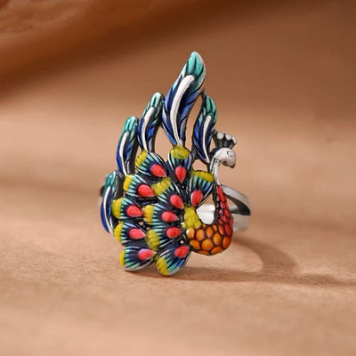 新品景泰蓝珐琅彩孔雀戒指精致时