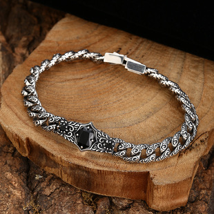 新品国风潮流唐草纹古巴手链镶嵌黑锆石复古做旧时尚气质个性