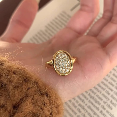 新品中古风椭圆镶钻戒指女轻奢小