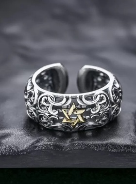 新品新款复古六芒星戒指个性嘻哈