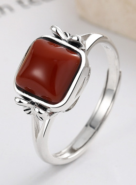 喜宽南红玛瑙戒指女复古做旧推拉