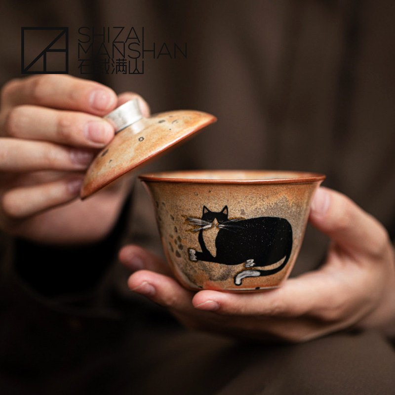 猫咪二才盖碗日式窑变复古手工绘银陶瓷小号泡茶碗茶杯功夫茶具,餐饮具,盖碗,淘宝优惠券,粉丝福利购,淘宝优惠卷